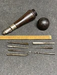 Vintage John Fray Exotic Wood Holder With 7 Tools Used. Price: $55.00.